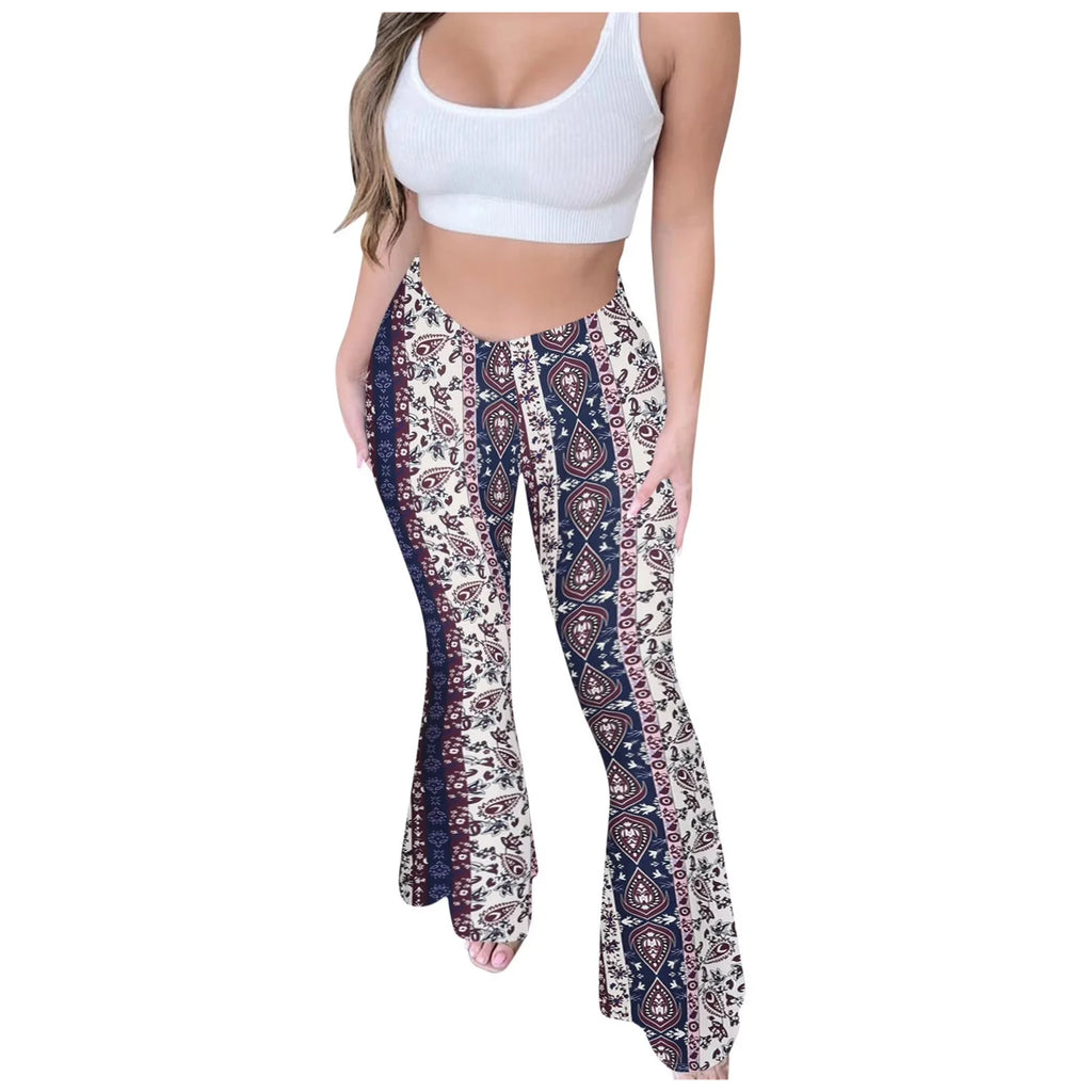 Bohemian Flare Pants for Women High Waisted Stretchy Bell Bottoms Y2K Hippie Style Trousers for Beach Vacation Leggings 2026