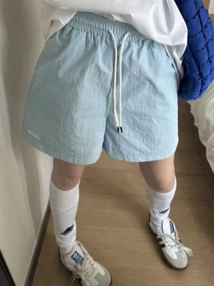 HOUZHOU Harajuku Blue Shorts for Women Korean Style Baggy Sport Short Pants Casual Fashion High Waist Retro Wide Leg Shorts