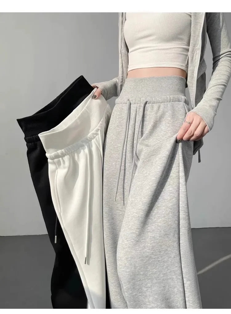 Women High Waist Drawstring Wide Leg Sweatpants Casual Loose Solid Color Straight Trousers Soft Sports Jogger Pants Streetwear