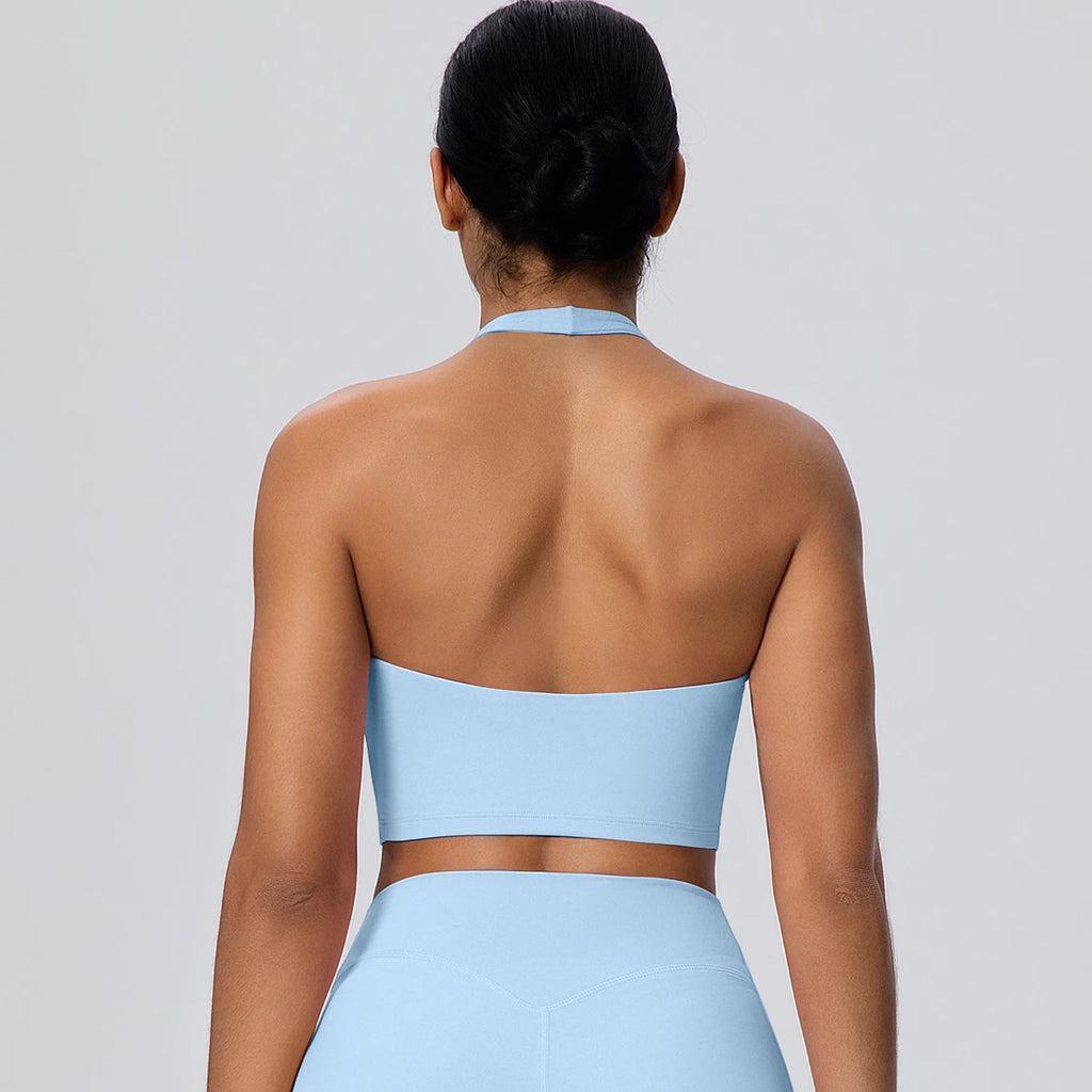 Woman Solid Color Sexy Neck Strap Bra Yoga Underwear With Chest Pad Backless Gather Shockproof Gym Workout Top Sports Yoga Bra