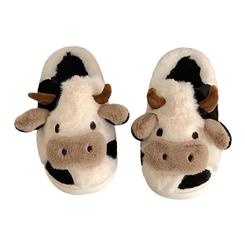 Winter Women Warm Cow Slippers Girls Cute Soft Indoor Bedroom Sandals Men Non-slip Plush Slides Couples Funny Flat Flip Flops