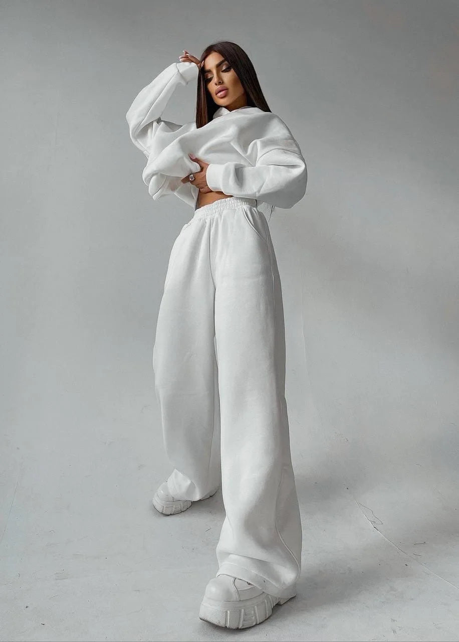 Woman's Solid Color Hooded Sweatshirt Pant Two-piece Set Fashion Long Sleeves Pocket Pullovers Pants Suits Ladies Loose Outfit