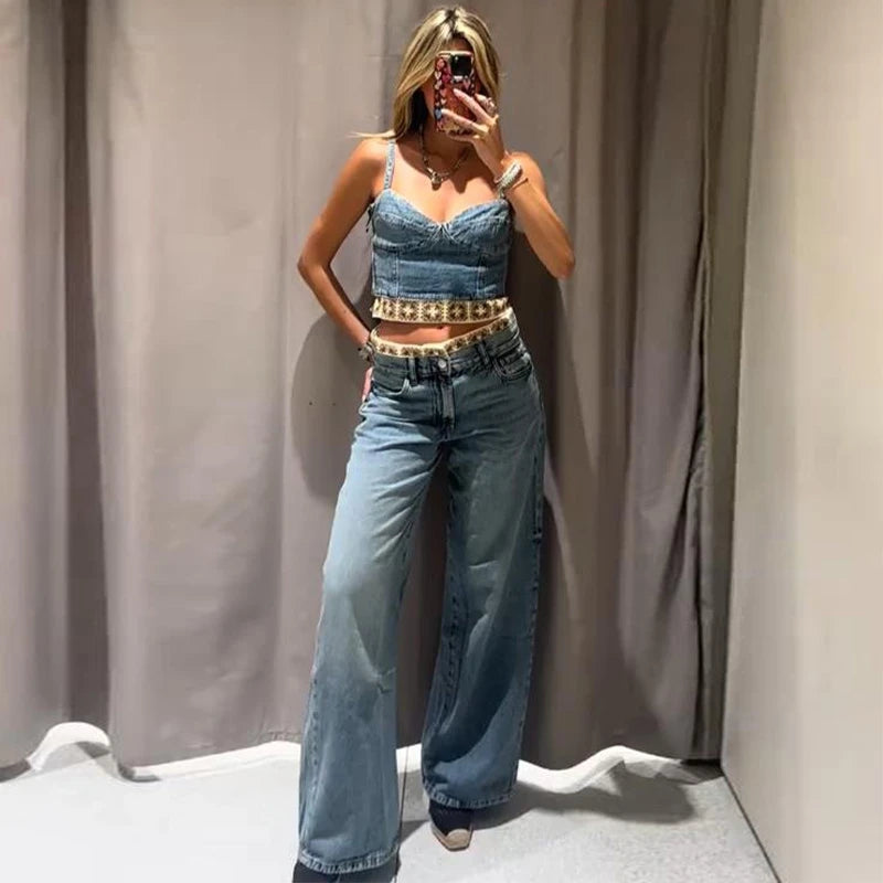 Crochet Splicing Cropped Top Jeans Set 2026 Summer New Ladies Sexy Backless Tank Top Straight Leg Denim Pants Women's Outfits