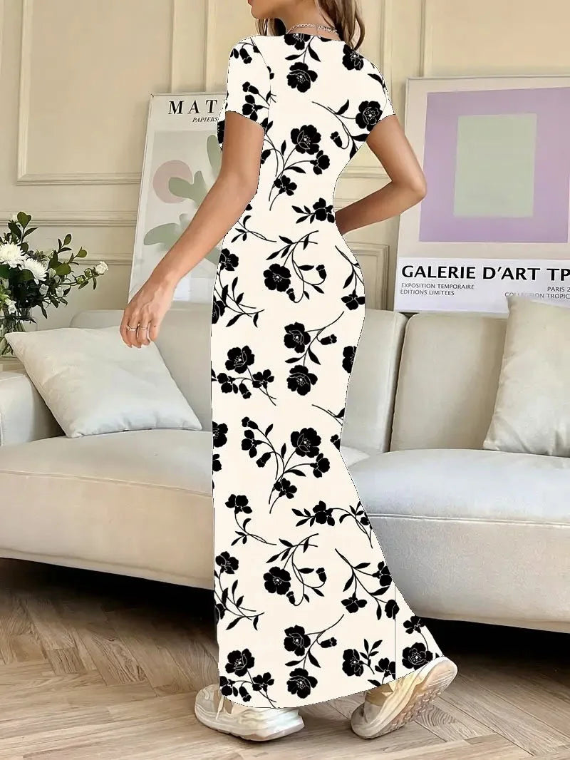 Short-sleeved Solid Color Slim Sexy Waisted Spring And Summer Temperament Dress Women's Round Neck Elegant Long Dress For Dinner