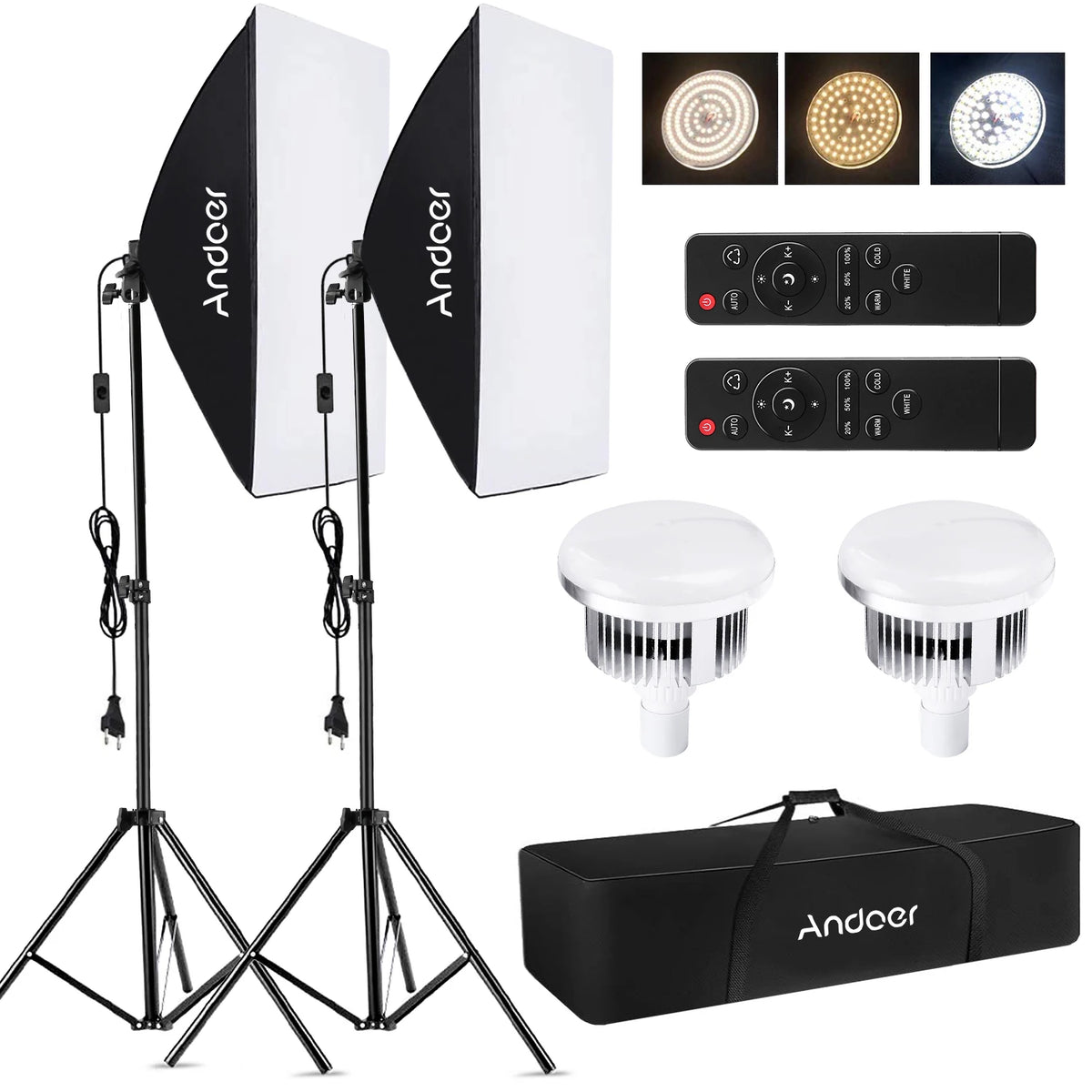 Andoer Studio Photography Light kit Softbox Lighting Set with 85W 2800K-5700K LED Light/ 50x70cm Softbox/ 2m Stand for Video