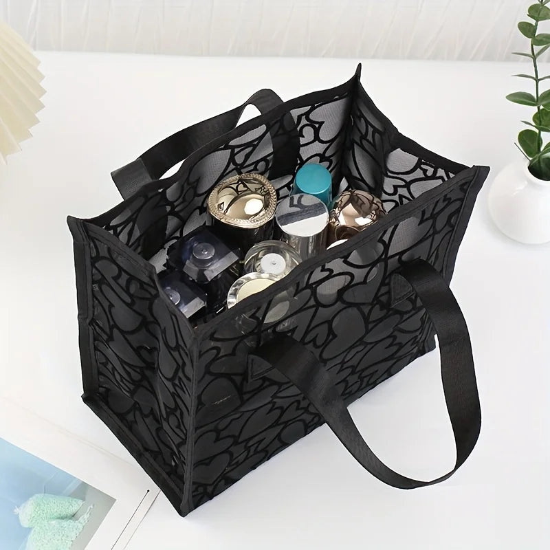 Black Mesh Heart Pattern Tote Bag - Light,Breathable for Travel & Beach with Double Handles, Makeup Storage, Oversized Beach Bag