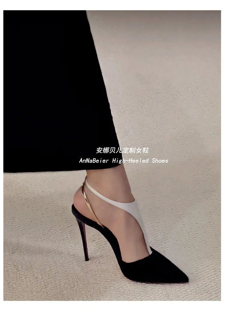 T-Shaped Socialite Black Gold Color Blocked Sexy Toe Sandals with Thin Heels and Pointed Toes, Autumn and Winter New High Heels