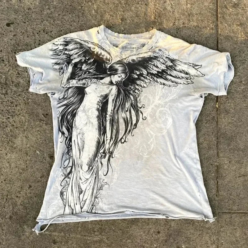 Affliction High Street Y2K Mens T shirt Retro Graphic Print Oversized T Shirt Harajuku Gothic Cotton Short Sleeve Tops New