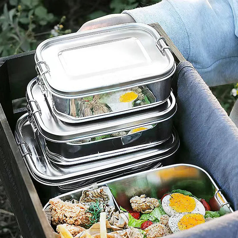 304 Stainless Steel Bento Lunch Box Double Buckle Sealed Picnic Box Student Square Food Storage Containers 1/2/3 Grid Lunch Box