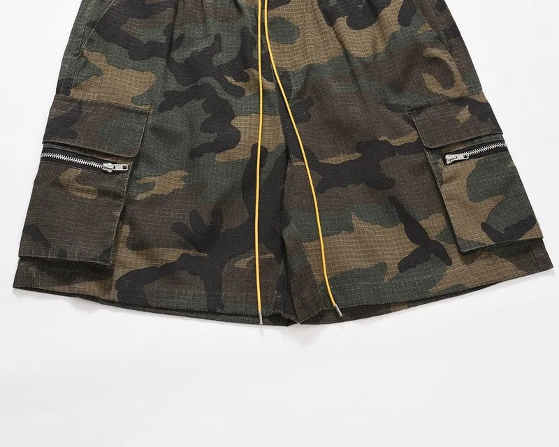 Men's Camouflage Shorts Multi Pocket Zipper Cargo Shorts Streetwear Elastic Drawstring Waist Shorts Male ﻿