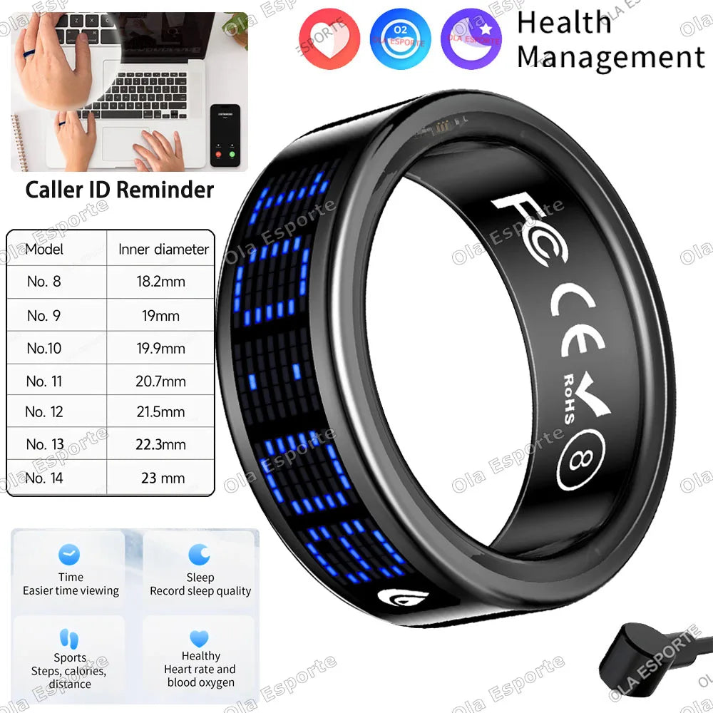 Call ID Reminder Smart Ring Display Screen Touch,Tasbih Counter,Health Manager,5ATM Waterproof Multiple Sport Mode MenWomen HT30