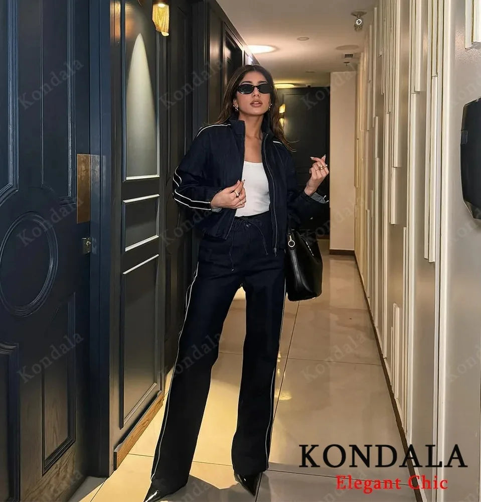 KONDALA Women High Street Denim Set Spring Fall Trendy Side Stripe Stand Collar Zipper Jacket Lace-up Pant 2026 Casual Pants Set
