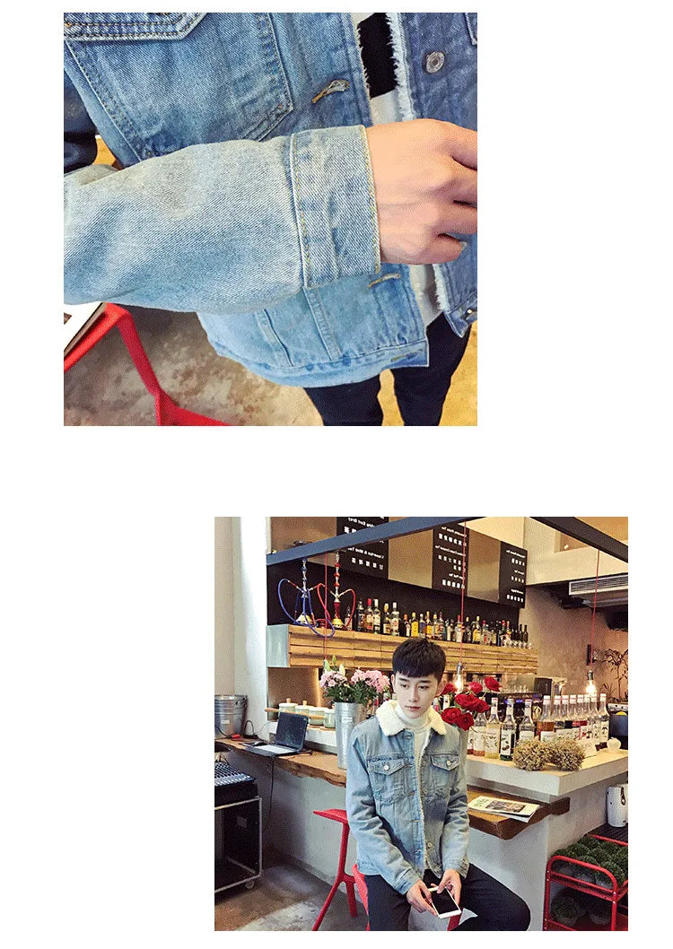 Thickened Fleece Winter Jacket for Men Youth Casual Style Long Sleeve Denim Coat with Stand Collar Button Closure Slim Fit
