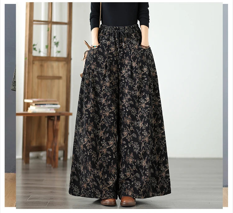 Denim Wide-leg Pants For Women 2025 Autumn New Style Printed Elastic Waist Loose Oversized Casual Denim Straight Pants