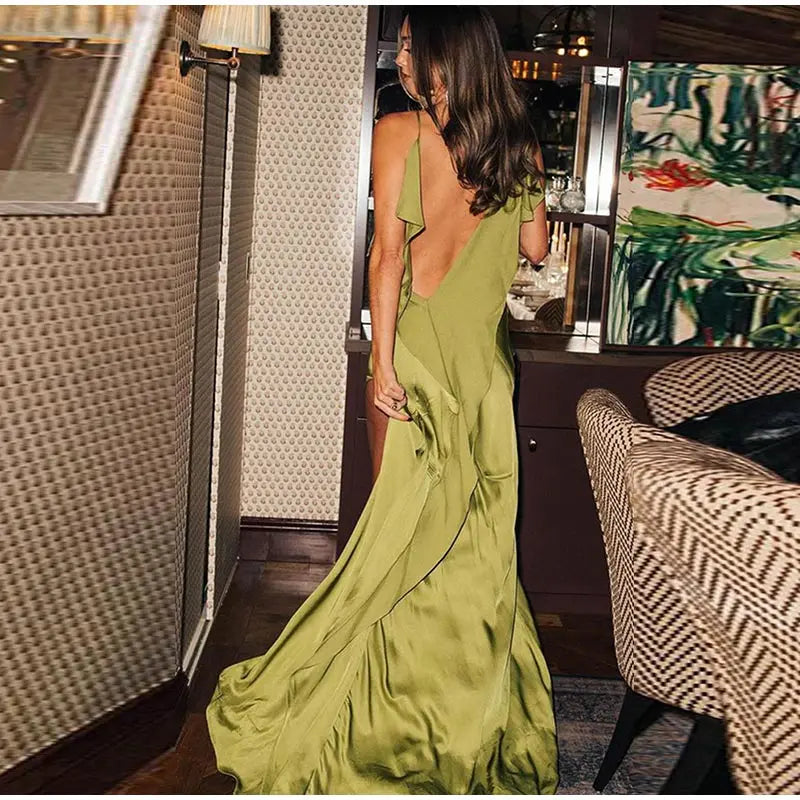 Backless Women Dress Satin Spaghetti Strap Maxi Dresses Back Tail Cowl Drape Front Neck Side Split Hem Elegant Evening Bodycon