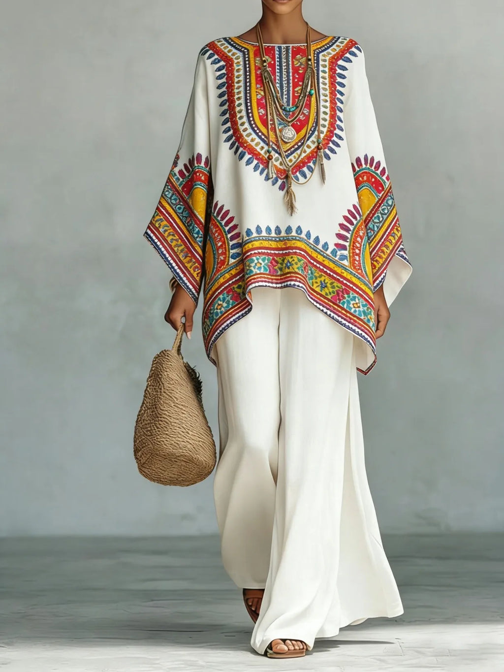 Bohemian Foreign Style Printed Women's Two-piece Set Spring Fashion O-neck Loose Top+wide Leg Pants Suit Ladies Office Outfit