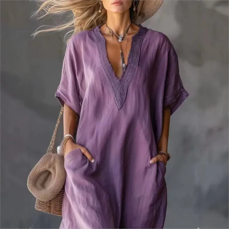 2026 New Summer Women's Dress Solid Color V-neck Bohemian Style Retro Fashionable And Comfortable Elegant Pocket Simple Vestidos