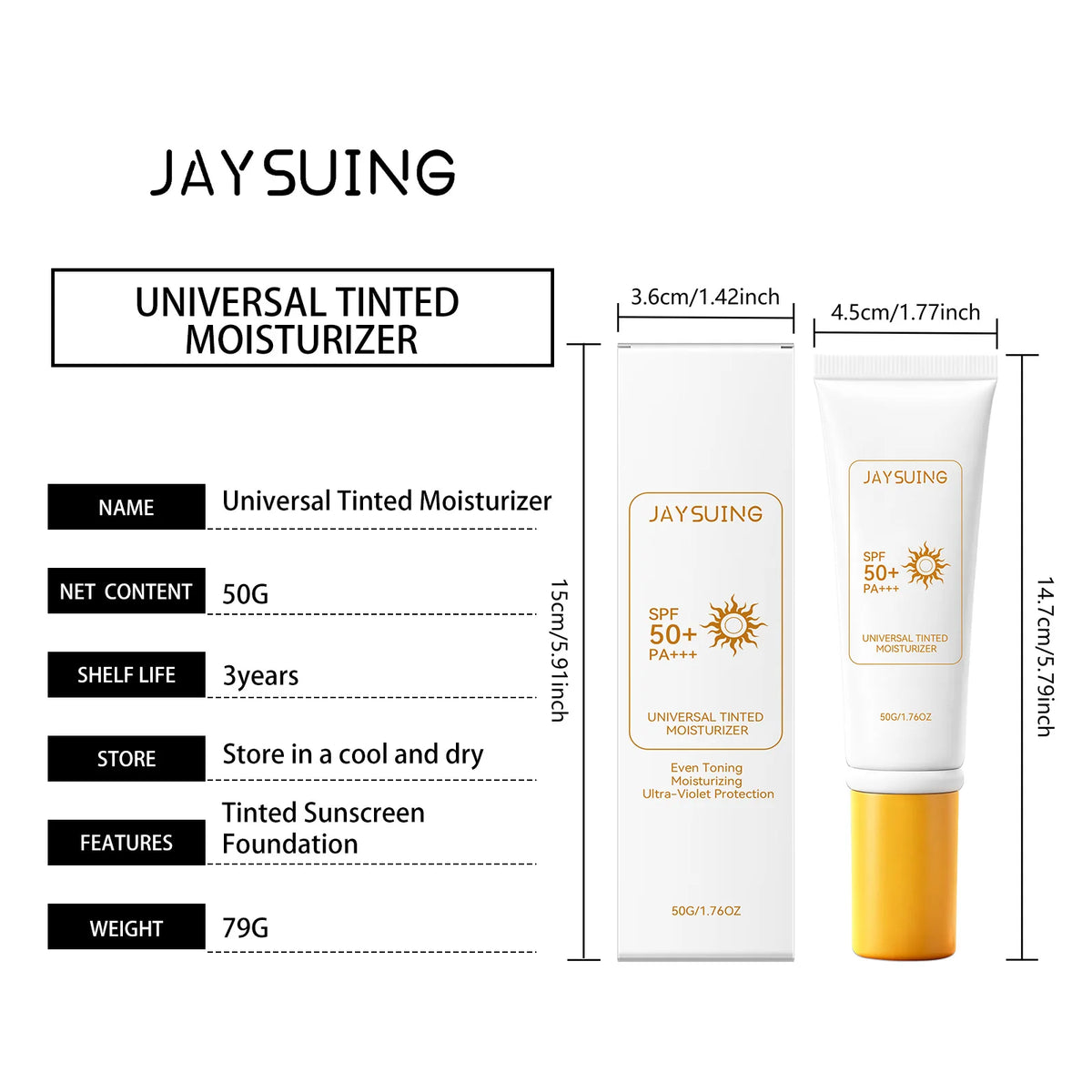 Jaysuing Tinted Sunscreen Spf 50 Anti UV Protection Waterproof Even Skin Tone Matte Finish Summer Outdoor Tinted Moisturizer 50g