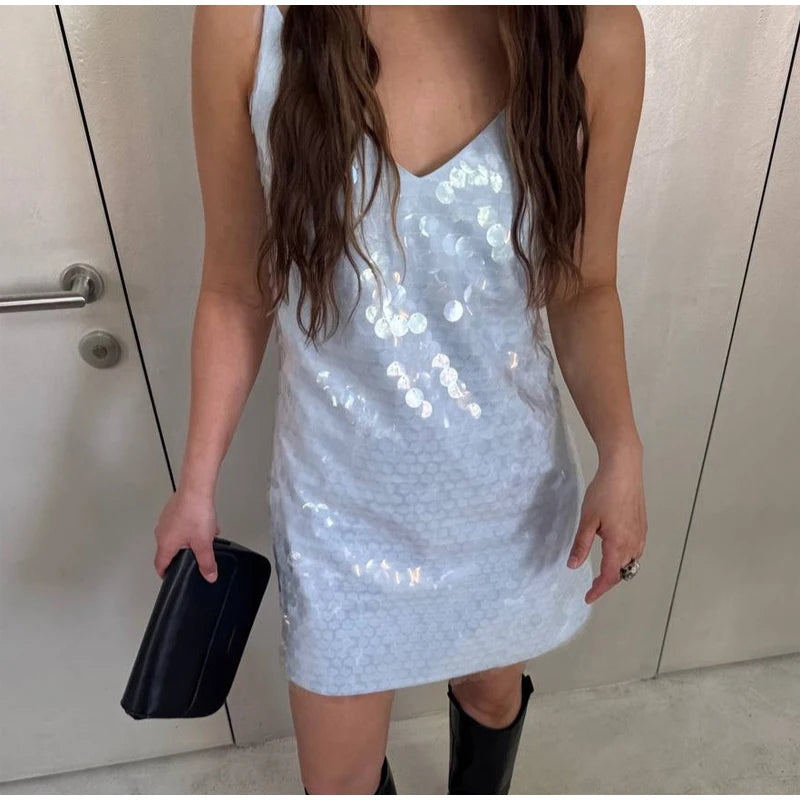 Mint Green Sequin Thin Strap Loose Mini Dress Glam Deep V Neck Sleeveless Bar Party Gown 2026 Nightclub Vacation Street Outfit