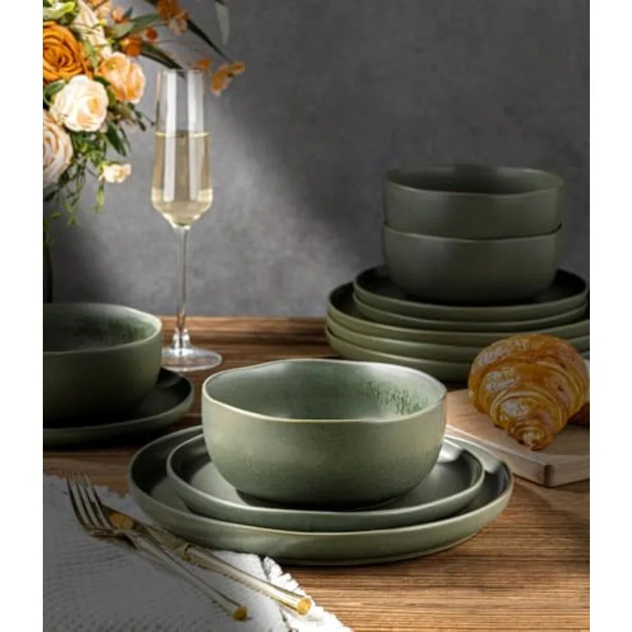 Ceramic Dinnerware Sets, Wavy Rim Stoneware Plates and Bowls Sets, Dishwasher and Microwave and Oven Safe Dishes set, 2pc