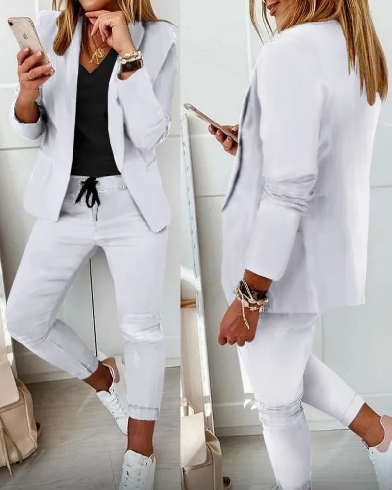 2024 Women's Two Piece Pant Suit Set Outfits Spring Autumn Turn Down Print Blazer Coat Drawstring Pants Suit Women Casual Sets