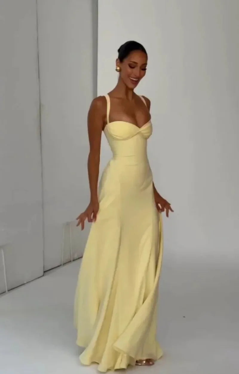 Women Yellow Low Cut Backless High Waisted Dress Lace Up Sleeveless Waist Cincher Spaghetti Strap Vestidos Party Club Women Robe