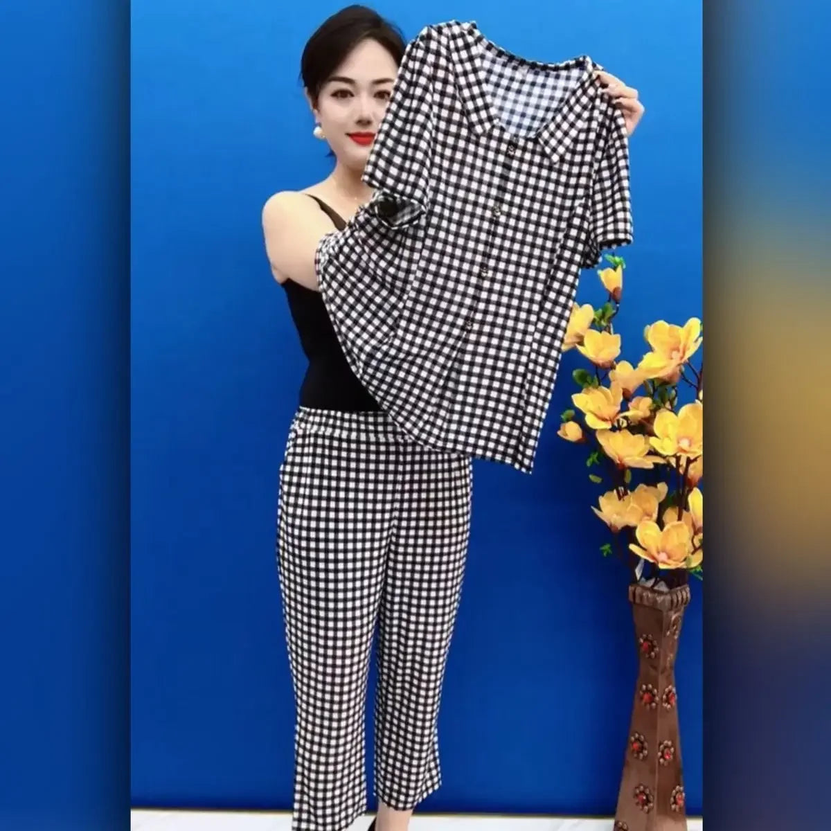 Summer New Korean Fashion Women Thin Plaid Two Piece Set V-neck Printed Patchwork Button Short Sleeved Top Straight Pants Suit