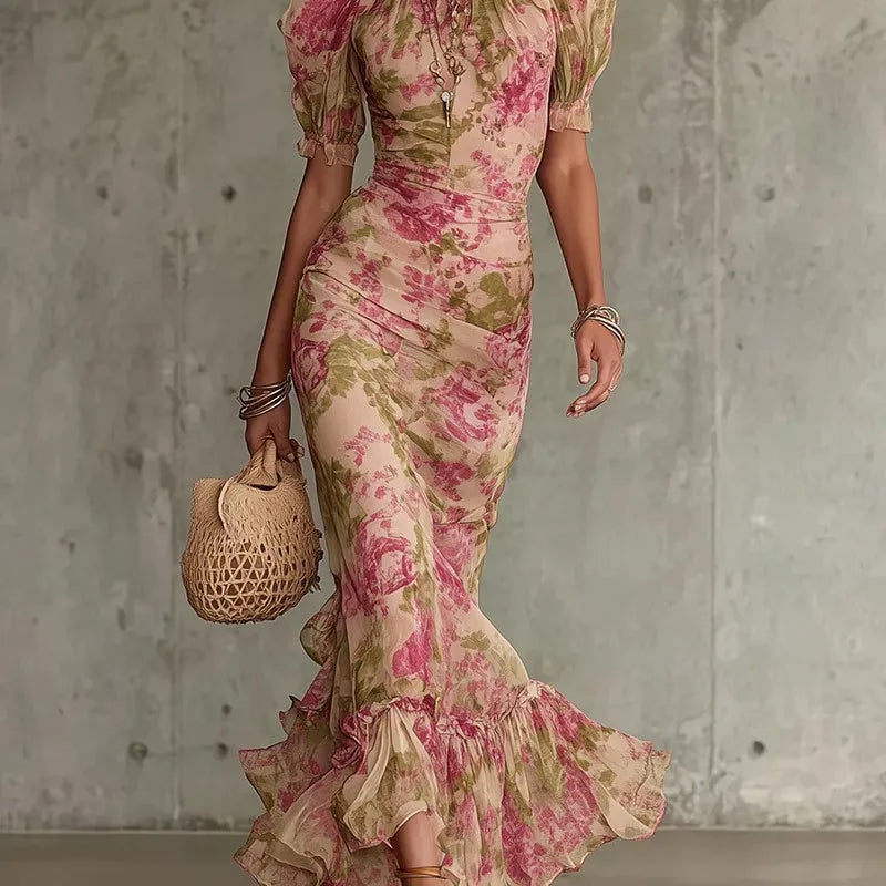 new Flower Print Women's Sleeveless Halter Maxi Dress Summer Fashion High Neck Ruched Waist Elegant Chic Holiday Party Dress