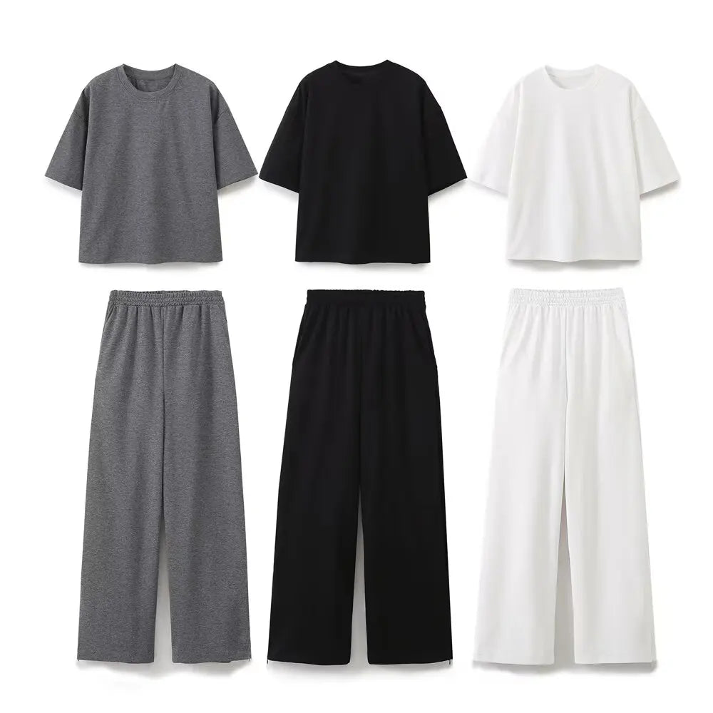 HH 2024 Women's Solid Casual T Shirts Pant Set Short Sleeves O-Neck T-Shirt Top+Lace-up Loose Side Pockets Straight Pant