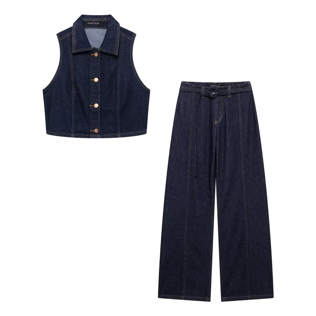 HH Women Turn-down Collar Single-breasted Sleeveless Denim Vest Top+High Waist Pocket Zipper Belt Flared Jeans 2 Piece Set