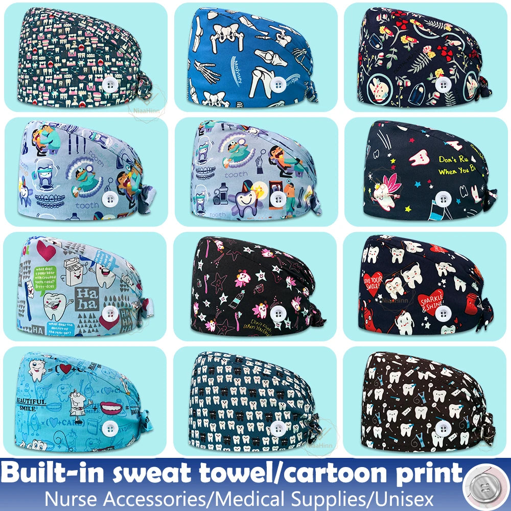 Dentistry Pet Medical Scrub Pharmacist Clinic Hat Dentist Lab Cap Nurse Surgical Working Caps Nursing Hats Cotton with Button