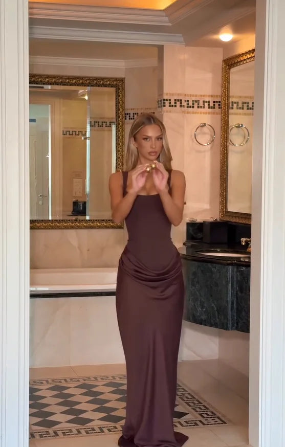 Solid Pleated Sling Dress Women Square Neck Sleeveless Off-shoulder Waist Cinching Slim Dresses 2026 Lady Evening Party Gowns