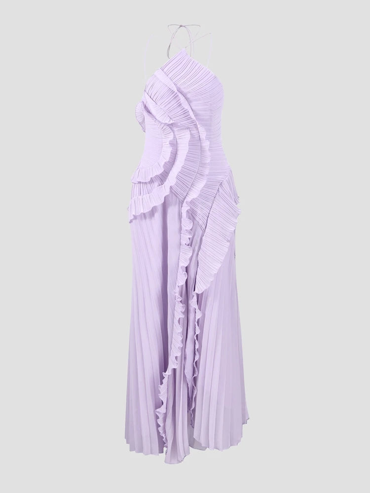 Bohemian Blue Pleated Halter Maxi Dress Women Gentle Sleeveless Asymmetric Ruffles Vestido Romantic Dinner Date Night Gowns 2026