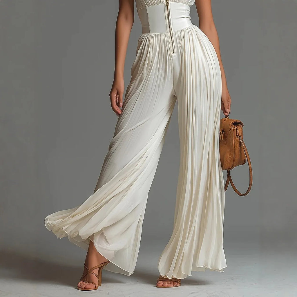 White Pleated Neck Women's Jumpsuit Long Wide Leg Fashionable Sexy Pleated