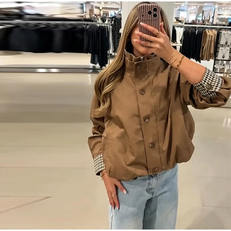 Elegant Plaid Patchwork Women's Jacket Loose Full Sleeve Stand Collar Single Breasted Outwear Female 2026 Fashion Autumn Outwear