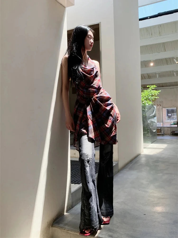 CHEERART Cowls Backless Plaid Summer Halter Dress Women 2025 Designer Vintage Sleeveless Ruched Mini Dress Clothes