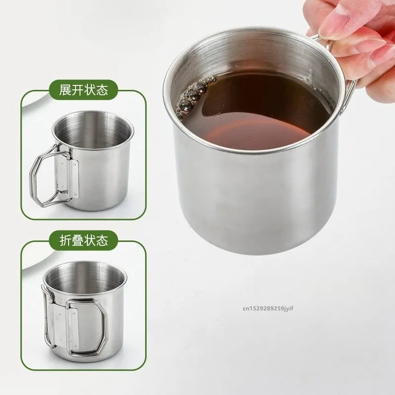 Stainless Steel Camping Cup 250/350/500/700ml Portable Mountaineering Cups With Foldable Handle Outdoor Water Mug Drinkware