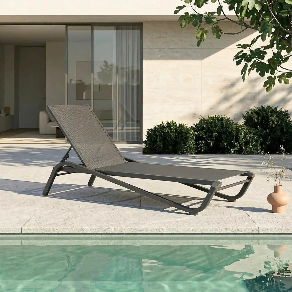 Adjustable Patio Chaise Lounge Outdoor Textilene Sun Bed for Pool Deck Rust-Proof Aluminum Frame, Custom