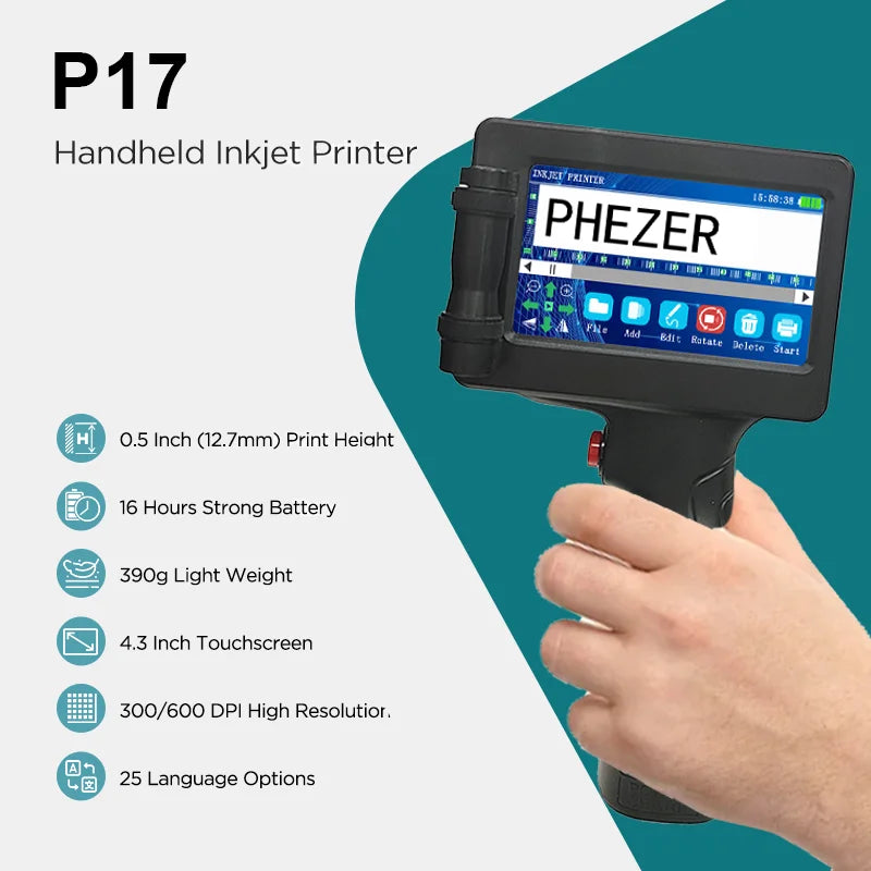 Phezer 1755 Handheld Inkjet Printer 12.7mm Portable Label Printing Machine Expiry Date Number QR Bar Code Logo Red Blue Black