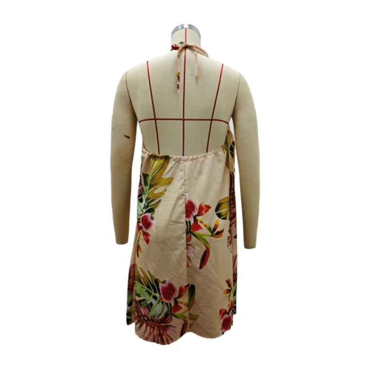 2024 Summer Off The Shoulder Hanging Neck Lace-up Dresses Women Elegant Print Backless Sleeveless Dress Female Casual Short Gown