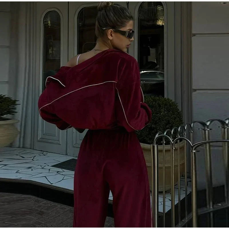 Women's Casual Solid Color Two-piece Short Stand-up Collar Jacket Wide-leg Pants 2026 Street Style Women's Clothing Set