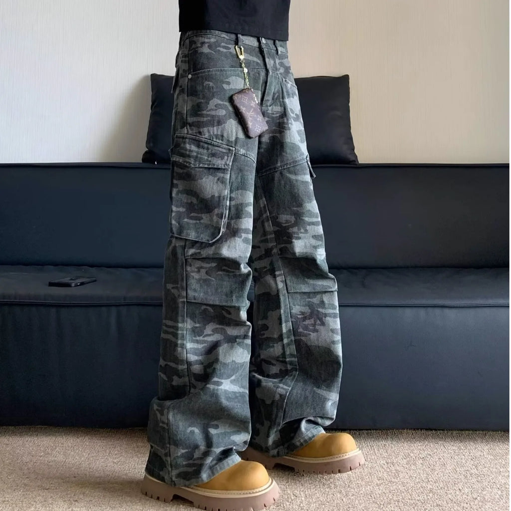 Summer Large Size American Retro Camouflage Work Pants Men's Loose Straight Leg Jeans with Diagonal Pockets Casual Long Trousers