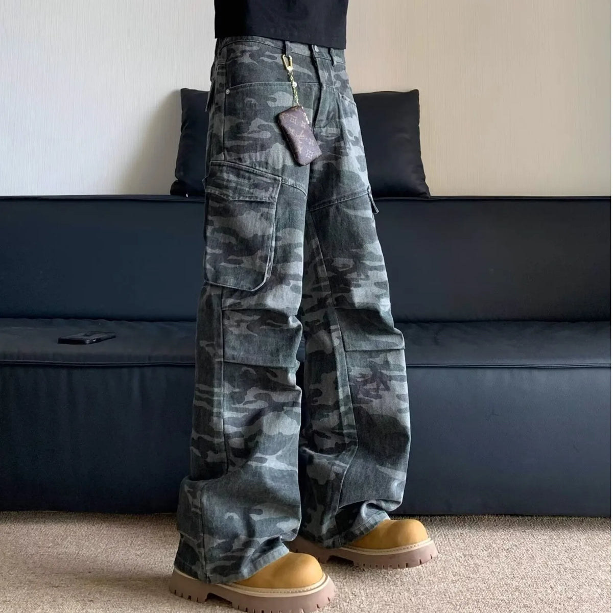 Summer Large Size American Retro Camouflage Work Pants Men's Loose Straight Leg Jeans with Diagonal Pockets Casual Long Trousers