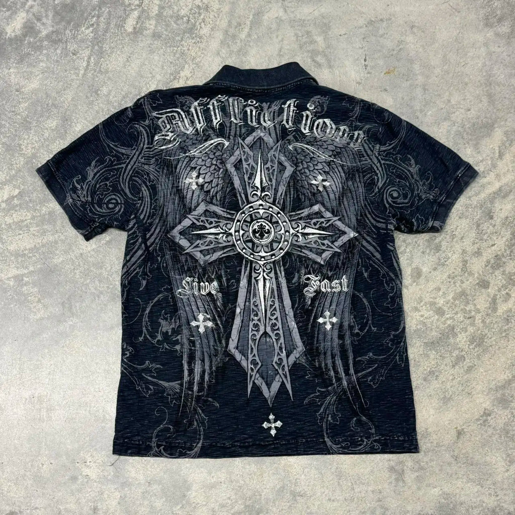 Affliction New Men Polo shirt Skull Graphic Harajuku Round Neck Oversized T Shirt Short Sleeve Tops Gothic Clothing Street Wear