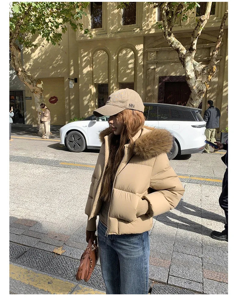 Winter New Women's Faux Fur Hooded Thick Padded Coat Slim Waist Short Cotton Jacket Sweet Style Warm Outerwear Parka