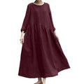 Women's Cotton Linen Maxi Dress Long Sleeve Button Up Crewneck Long Dress with Pockets Plus Size Casual Flowy Beach Sundress