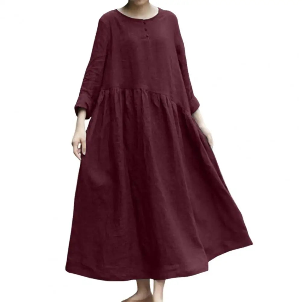 Women's Cotton Linen Maxi Dress Long Sleeve Button Up Crewneck Long Dress with Pockets Plus Size Casual Flowy Beach Sundress