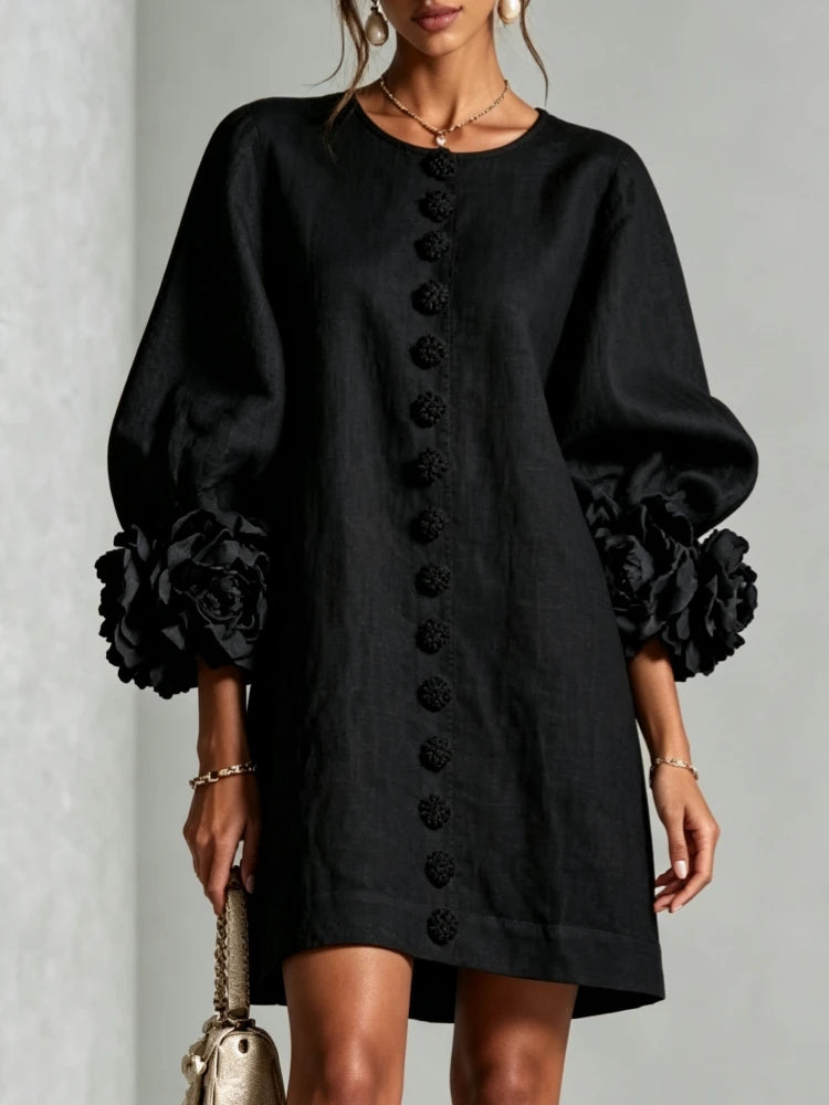 Women Linen Mini Dress O Neck Puff Long Sleeve 3D Flower Cuff Decor Flower Button Loose Casual Short Dresses for Party Vacation