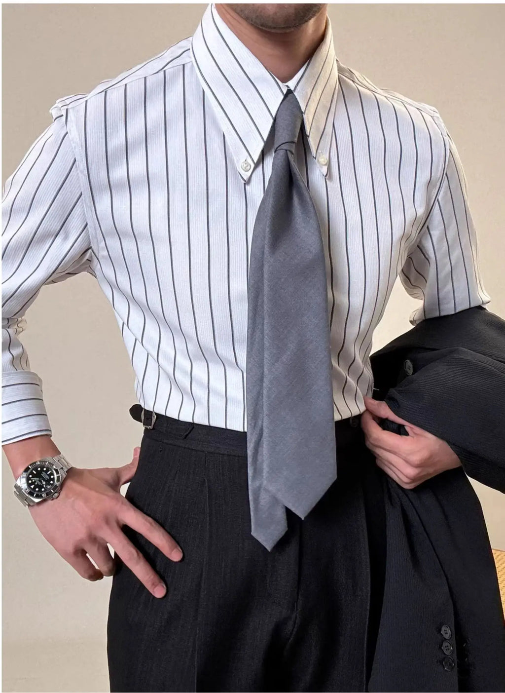 Anti-wrinkle Tianshan Cotton Italian Long Point Collar White Striped Shirt Men's Long Sleeve Casual Business Shirt