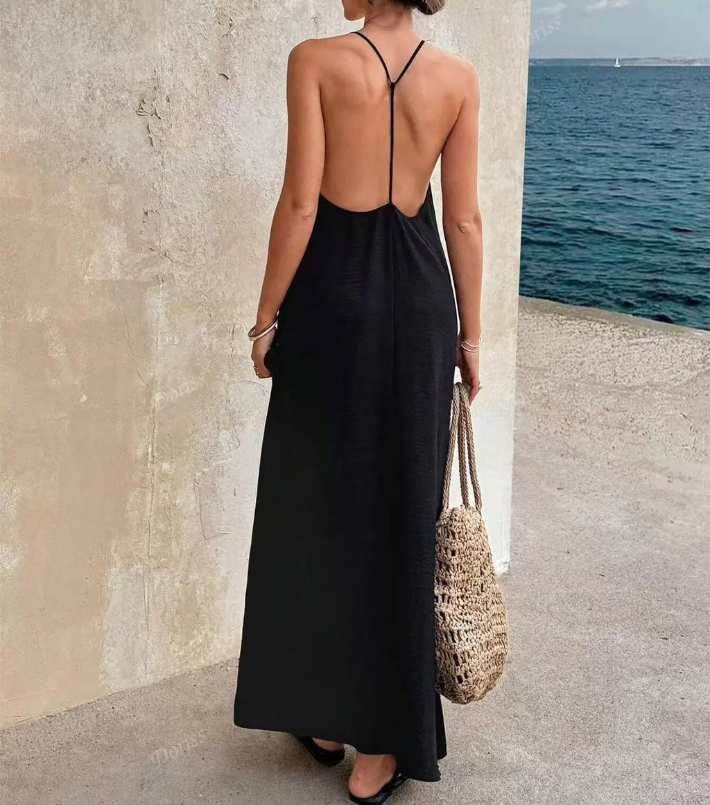 Elegant Simple Backless Sexy Hollow Sleeve Long Dress Women's Straight Tube Skirt Travel Sleeveless Strap Dress Casual High W...